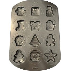 Wilton 12 Mold NON STICK Christmas Cookie Muffin Baking Pan Star Santa Tree Gift